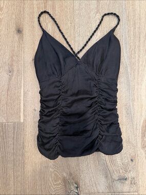 Black Ruched V-Neck Cami Top with Braided Straps